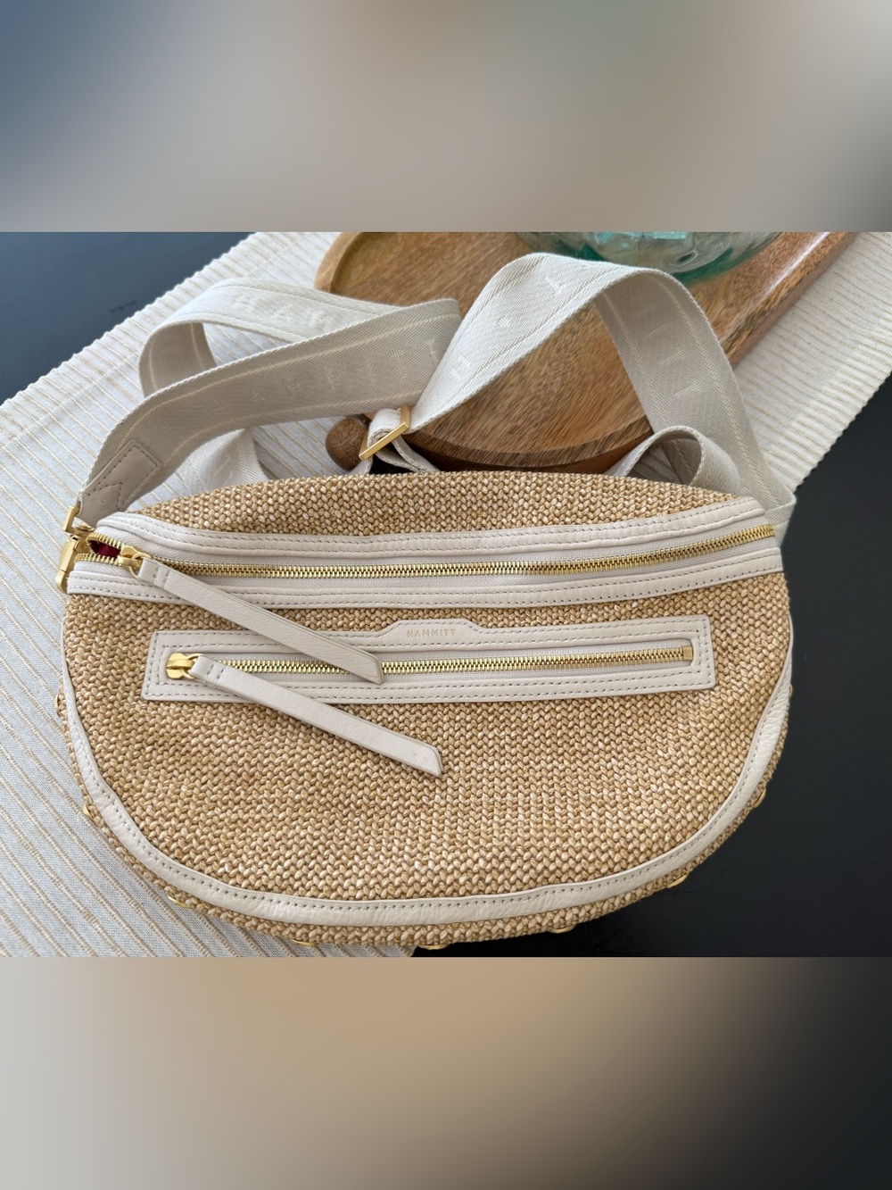 Hammitt Charles Raffia Large Sling Bag.  Beige/Cream with Gold Hardware